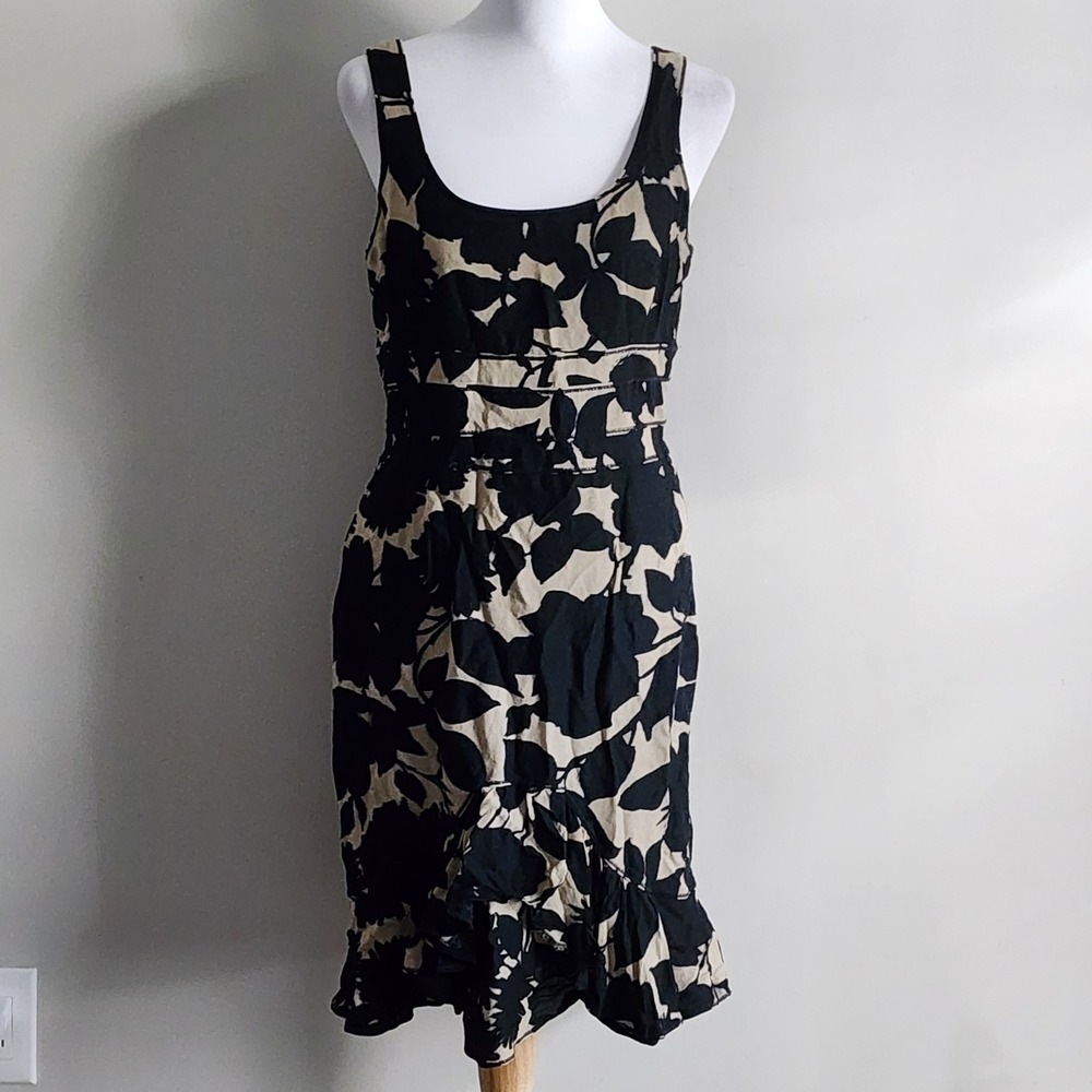 Eccoci Silk Wool Ruffle Hem Dress Womens 6 Black Tan Natural Eco Formal Luxury